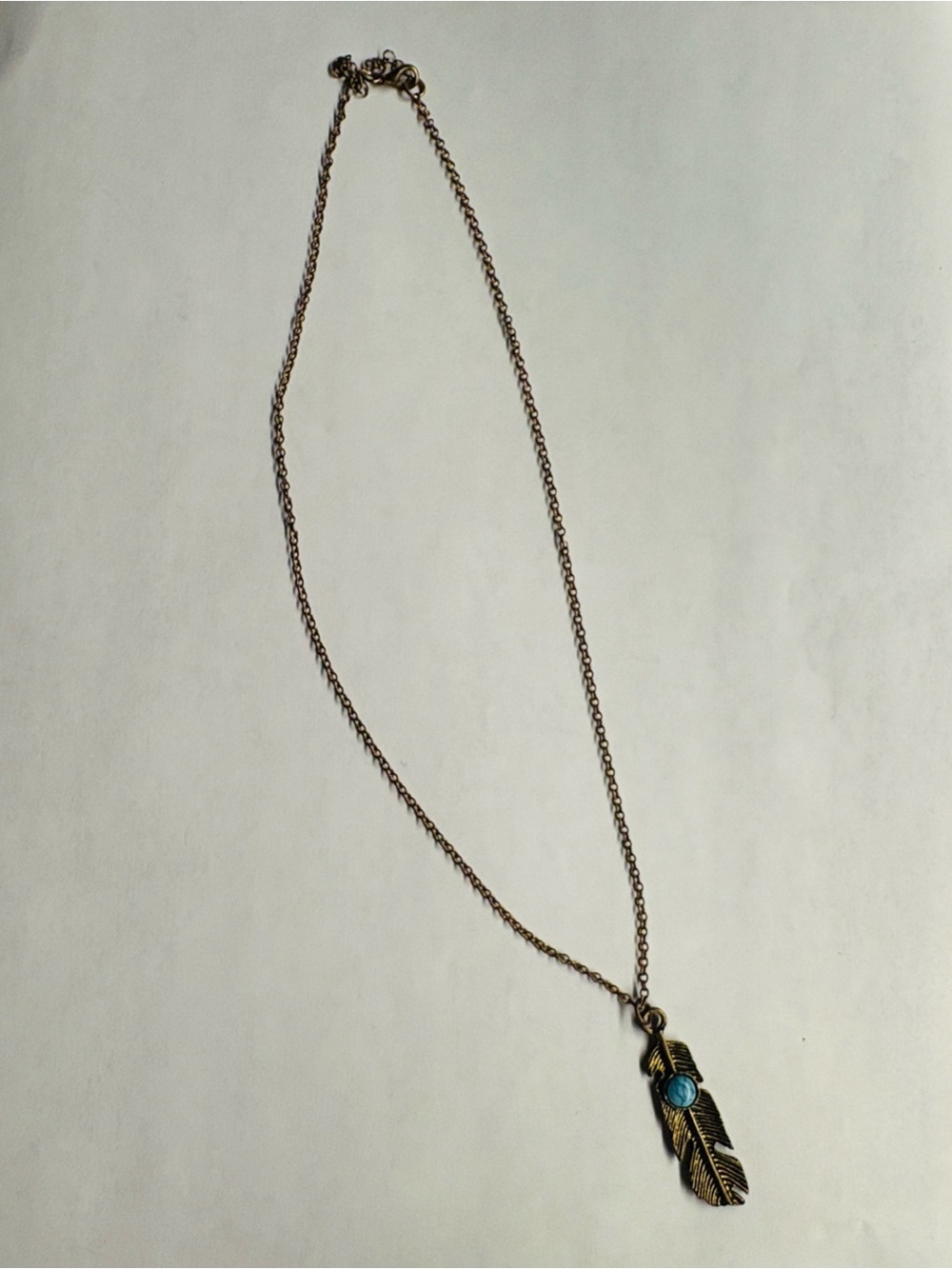 Antique Gold Feather Pendant Necklace with turquoise Stone